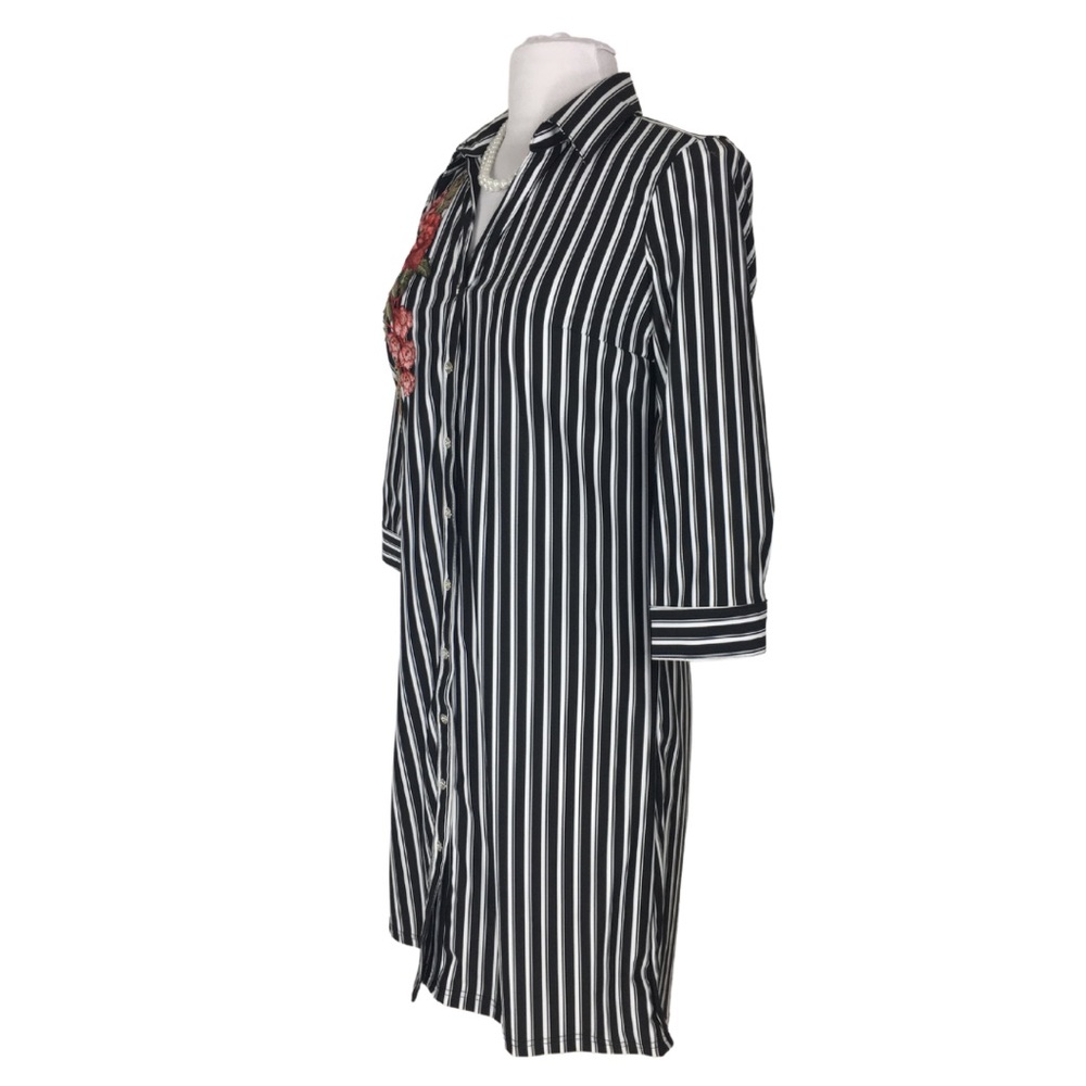 Mlle Gabrielle Black White Striped Stretch Button Down Shirt Dress size  Small - Picture 3 of 16
